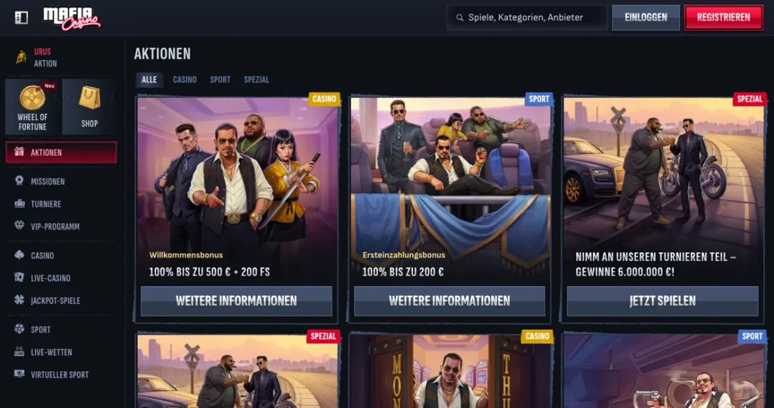 Bonusbereich auf der Website von Mafiacasino
