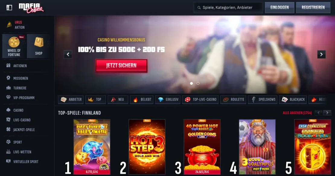 Casino-Lobby von Mafiacasino: Slots auf der Startseite