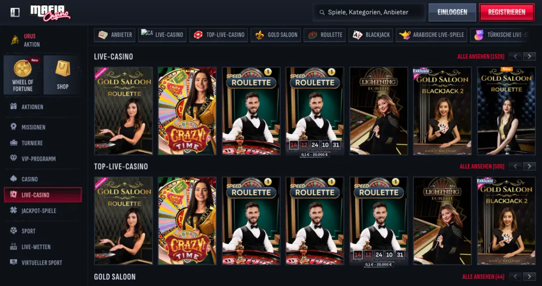 Live-Casino-Bereich von Mafiacasino mit Spielshows und Roulette